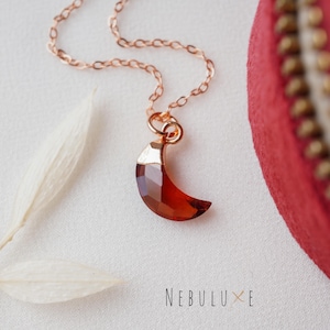 Garnet Moon Necklace, January Birthstone, 2nd Anniversary Gift, Garnet Jewelry, Crescent Moon Pendant, Valentine&#39;s Day Gift
