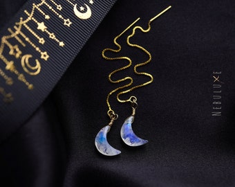 Rainbow Moonstone Threader Earrings • June Birthstone Jewelry • Moon Gold Threader Earrings • Crescent Moon Earrings Sterling Silver