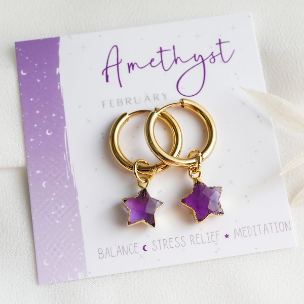 Boucles d'oreilles Amethyst Hoop, Pierre de naissance de février, Boucles d'oreilles Star, Boucles d'oreilles Gold Hoop, Boucles d'oreilles en cristal, Boucles d'oreilles Huggie Hoop, Bijoux Amethyst