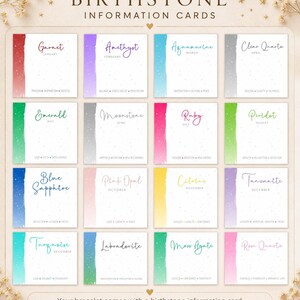 May include: A collection of sixteen square birthstone information cards arranged in a grid. Each card features a unique colored vertical brushstroke on the left, a gemstone name, birth month, and three descriptive keywords in elegant script.
