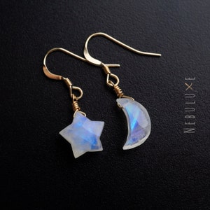 Rainbow Moonstone Earrings, June Birthstone, Moon and Star Earrings, Moonstone Earrings, Star Earrings, Celestial Earrings, Crystal Earrings