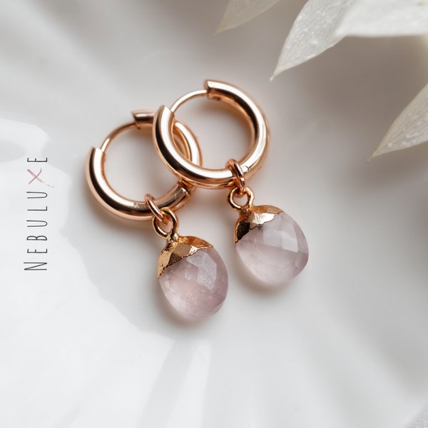 Rose Quartz Earrings, Rose Gold Hoop Earrings, Rose Quartz Jewelry, Huggie Hoop Earrings With Charm, Handmade Crystal Earrings