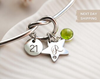 Milestone Birthday Bracelet, 16th 18th 21st 25th 30th Birthday Gift For Her, Custom Initial Bangle Bracelet, Personalised Jewellery Gift