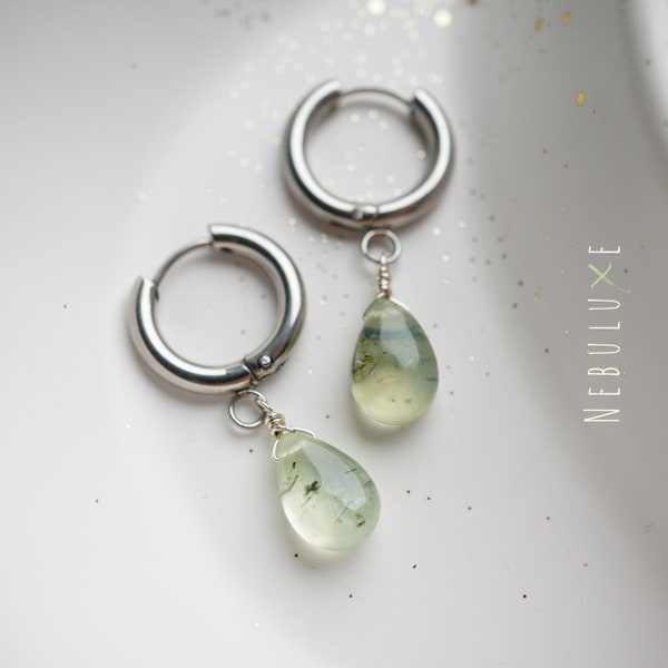 Prehnite Earrings, Crystal Hoop Earrings, Green Earrings, Boho Birthday Gift, Prehnite Jewellery, Unique Earrings, Genuine Gemstone Earrings