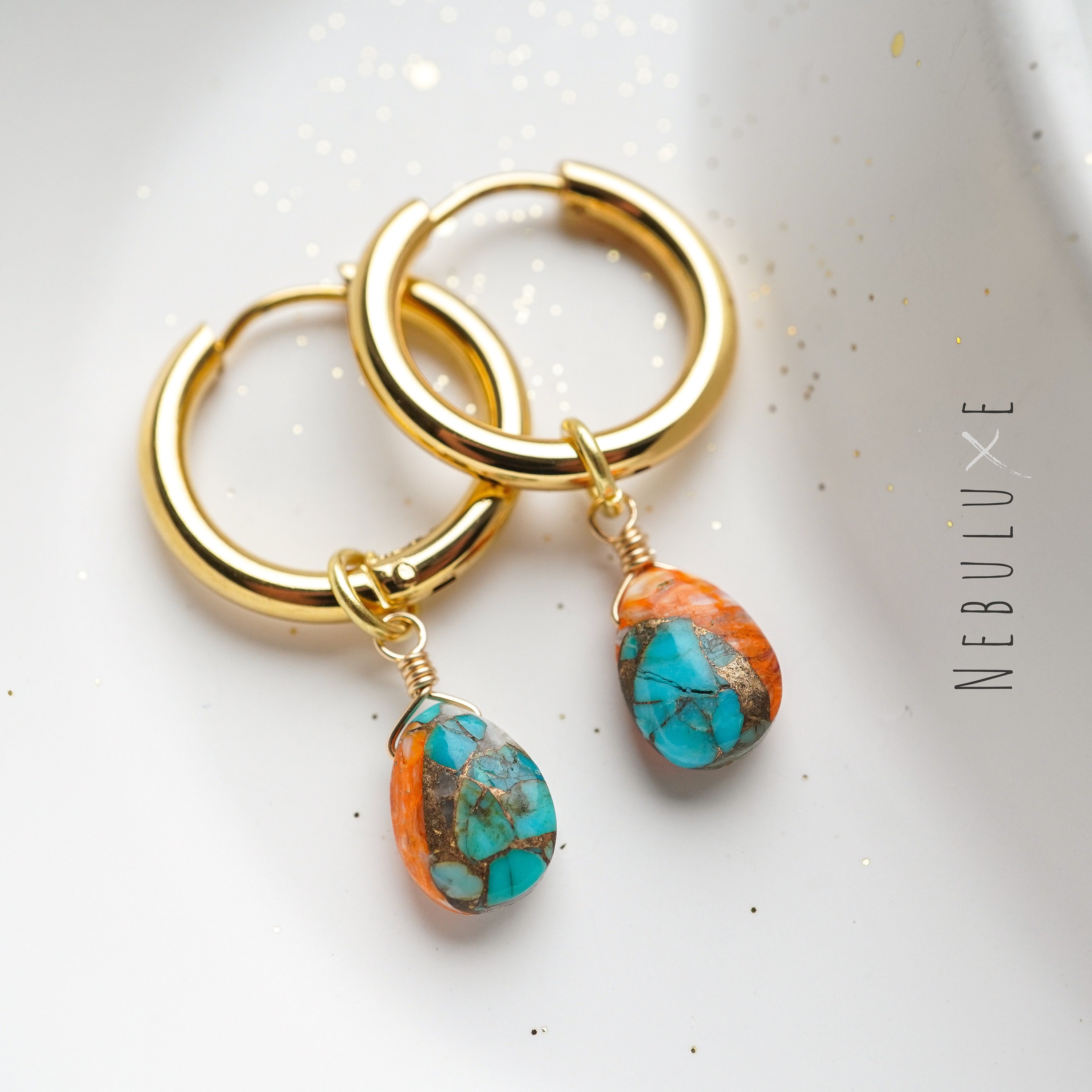 Natural Turquoise Dangle Earrings - Large Oval Statement Teardrop Bohemian Hoop Earrings For Women - View #7