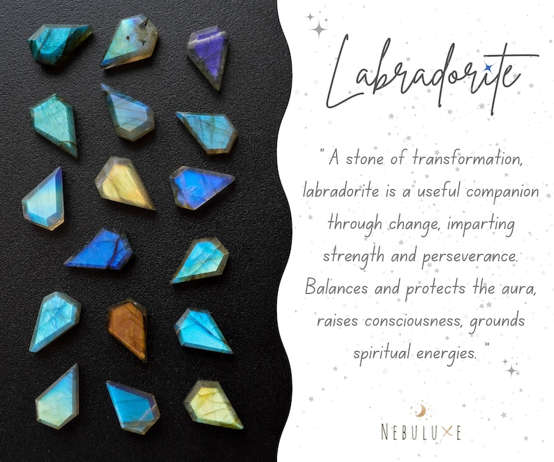 May include: Arrangement of polished labradorite gemstones in various shapes and colors, including blue, green, and gold, on a black surface. The word "Labradorite" is written in cursive, with text describing the stone's properties.