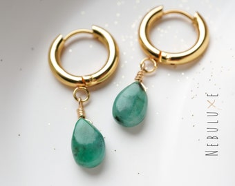 Emerald Hoop Earrings, Crystal Earrings, Emerald Jewelry, Unique Earrings, May Birthstone, Birthstone Earrings, Gold Hoop Earrings