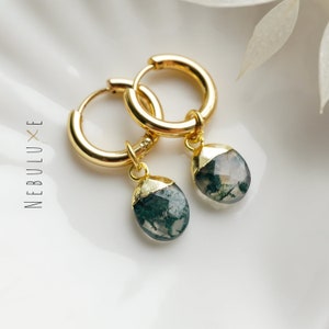 Moss Agate Earrings, Gold Hoop Earrings, Moss Agate Jewelry, Huggie Hoop Earrings With Charm, Handmade Crystal Earrings