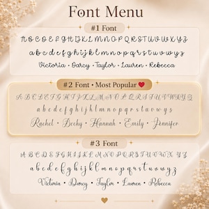 May include: A font menu display featuring three distinct typography styles labeled #1 Font, #2 Font Most Popular, and #3 Font. Each section showcases uppercase and lowercase alphabets in black script, followed by example names like Victoria, Rachel, and Emily.