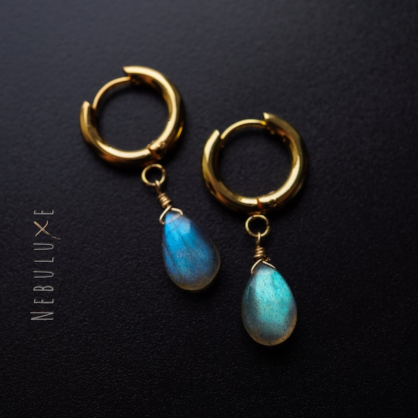 Labradorite Hoop Earrings, Crystal Hoop Earrings, Gold Silver Hoop Earrings, Labradorite Earrings, Huggie Earrings, Labradorite Jewellery