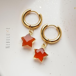 Carnelian Star Earrings, July Birthstone, Crystal Hoop Earrings, Carnelian Necklace, Summer Jewelry, Celestial Gift for Wife