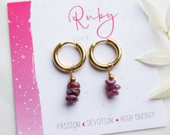 Ruby Hoop Earrings, Crystal Hoop Earrings, Huggie Earrings, Raw Crystal Earrings, July Birthstone, Birthstone Earrings