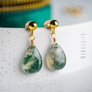 Moss Agate Earrings, Crystal Earrings, Moss Agate Jewelry, Unique Earrings, Gold Stud Earrings, Moss Agate, Green Earrings