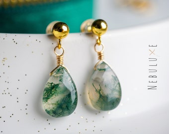 Moss Agate Earrings, Crystal Earrings, Moss Agate Jewelry, Unique Earrings, Gold Stud Earrings, Moss Agate, Green Earrings