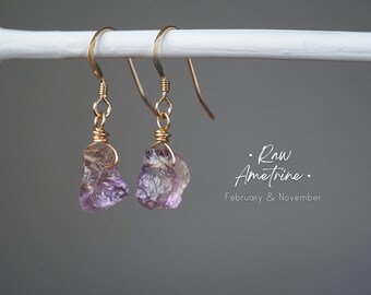 Raw Ametrine Earrings • Amethyst Citrine Birthstone • Raw Crystal Earrings • February and November Birthstone