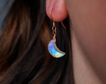 Rainbow Moonstone Earrings, June Birthstone Jewelry, Birthstone Earrings, Crescent Moon Earrings, Celestial Earrings, Crystal Earrings