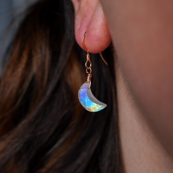 Rainbow Moonstone Earrings, June Birthstone Jewelry, Birthstone Earrings, Crescent Moon Earrings, Celestial Earrings, Crystal Earrings