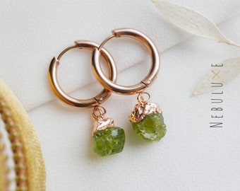 Peridot Earrings, August Birthstone, Raw Crystal Earrings, Silver Gold Hoop Earrings, Peridot Jewelry, Leo Earrings, August Birthday Gift