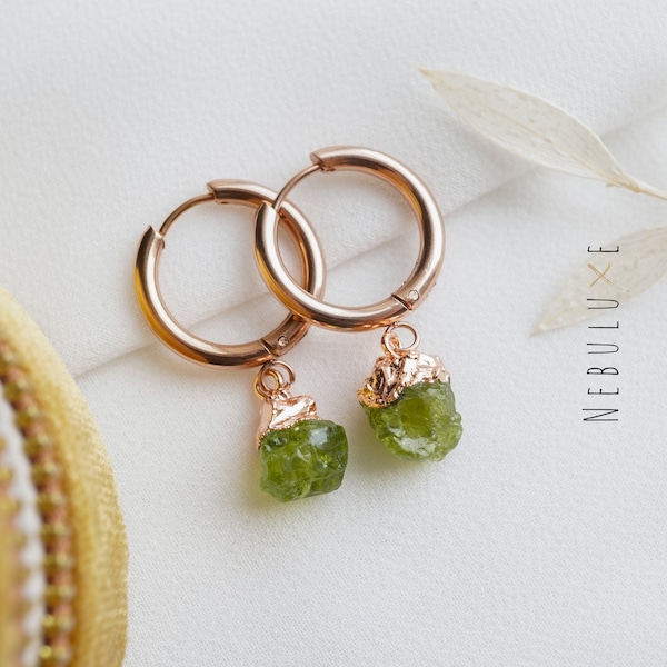 Peridot Earrings, August Birthstone, Raw Crystal Earrings, Silver Gold Hoop Earrings, Peridot Jewelry, Leo Earrings, August Birthday Gift