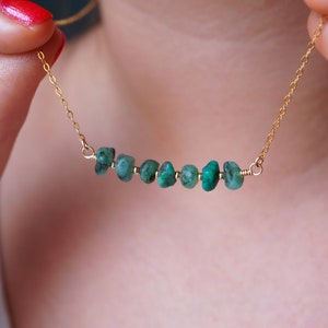Emerald Bar Necklace • May Birthstone Necklace • Taurus Necklace • Raw Crystal Necklace • Rough Gemstone Jewelry • Emerald Pendant