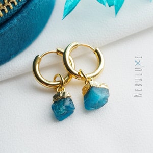Apatite Earrings, Raw Crystal Earrings, Gold Hoop Earrings, Neon Apatite Jewelry, Huggie Earrings With Charm, Crystal Hoop Earrings