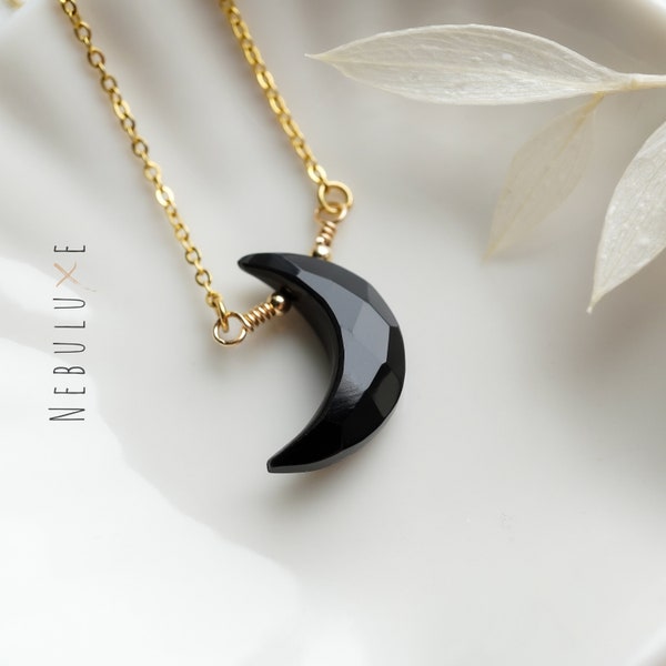 Black Onyx Necklace • Crescent Moon Pendant • Black Onyx Jewelry • Leo Capricorn Zodiac Necklace • Celestial Necklace