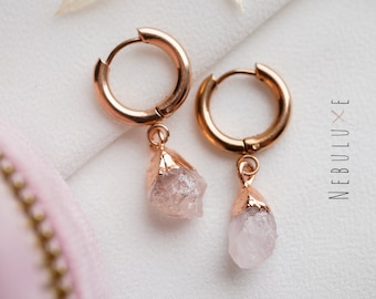 Rose Quartz Earrings, Raw Crystal Earrings, Gold Silver Hoop Earrings, Rose Quartz Jewelry, Huggie Earrings, Raw Stone Earrings