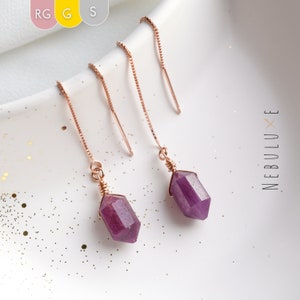 Ruby Threader Earrings, July Birthstone, Birthstone Earrings, Gold Threader Earrings, Pull Through Earrings, Ruby Earrings, Ruby Necklace