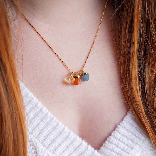 Aries Zodiac Necklace, March April Birthstone Jewelry, Citrine Carnelian Aquamarine Necklace, Raw Crystal Necklace, Aries Gifts