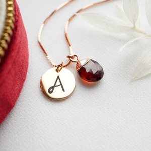 Garnet Necklace, January Birthstone and Initial Necklace, Monogram Necklace, Pesonalized Jewelry Gift, Personalised Birthstone Necklace