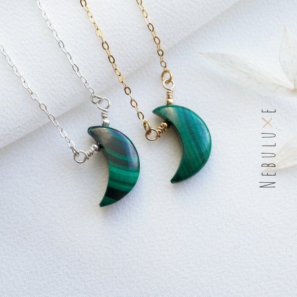 Malachite Moon Necklace • Malachite Pendant • Moon Necklace • Capricorn Necklace • Celestial Jewelry • Crescent Moon Pendant