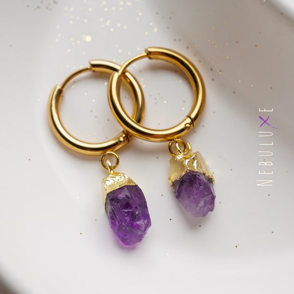 Amethyst Huggie Earrings, February Birthstone, Raw Crystal Earrings, Silver Gold Hoop Earrings, Amethyst Jewelry, Birthstone Hoop Earrings