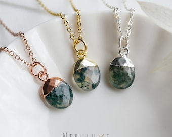 Moss Agate Necklace, Crystal Necklace, Moss Agate Jewelry, Moss Agate Earrings, Moss Agate Pendant, Huggie Hoop Earrings With Charm