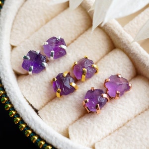 Amethyst Stud Earrings • Crystal Stud Earrings • February Birthstone • Raw Stone Earrings • Dainty Minimalist Earrings • Amethyst Jewelry