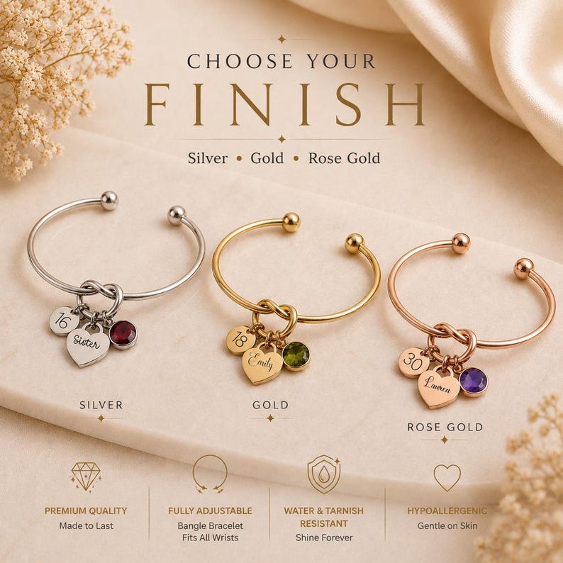 May include: Three adjustable bangle bracelets in silver, gold, and rose gold tones. Each features a central knot, a heart-shaped charm engraved with names like Sister, Emily, or Lauren, a circular charm with numbers 16, 18, or 30, and a round gemstone.