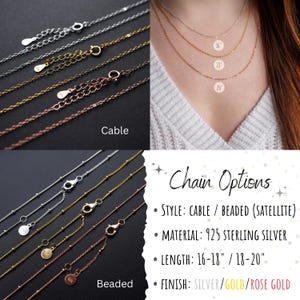 May include: Close-up of silver, gold, and rose gold necklaces. The image shows cable and beaded chain styles, with lengths of 16-18 inches and 18-20 inches. The material is 925 sterling silver. The text reads "Chain Options".