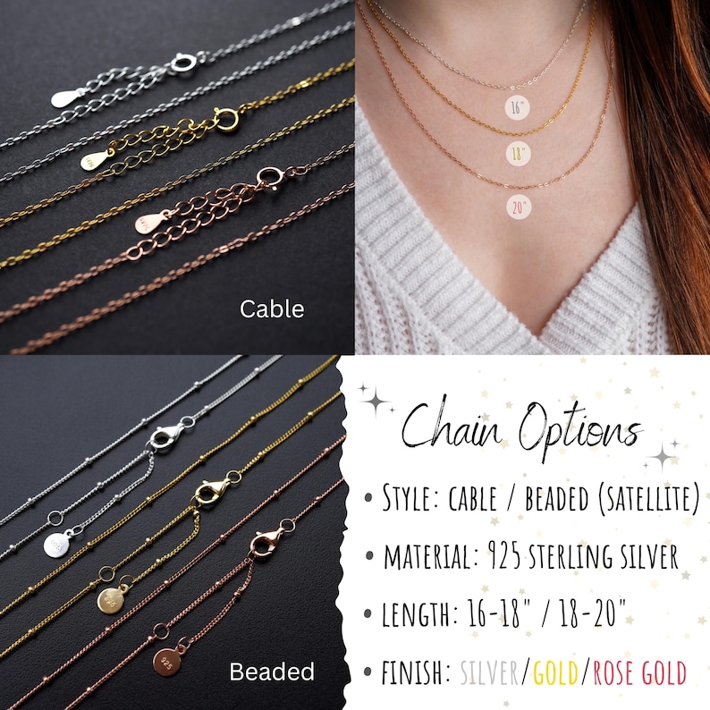 May include: Close-up of silver, gold, and rose gold necklaces. The image shows cable and beaded chain styles, with lengths of 16-18 inches and 18-20 inches. The material is 925 sterling silver. The text reads "Chain Options".