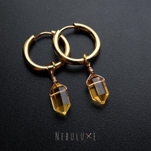 Citrine Hoop Earrings, November Birthstone Earrings, Gold Hoop Earrings, Citrine Jewelry, Huggie Hoop Earrings, 13th Anniversary Gift