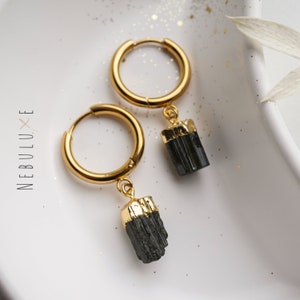 Black Tourmaline Earrings, Raw Crystal Earrings, Gold Silver Hoop Earrings, Tourmaline Jewelry, Huggie Earrings with Charm, Rose Gold Hoops