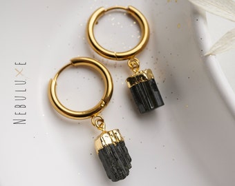 Black Tourmaline Earrings, Raw Crystal Earrings, Gold Silver Hoop Earrings, Tourmaline Jewelry, Huggie Earrings with Charm, Rose Gold Hoops