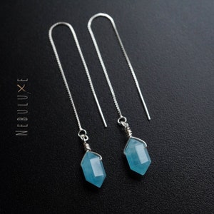 Aquamarine Earrings, March Birthstone, Handmade Crystal Earrings, Silver Threader Earrings, Pull Through Earrings, Long Chain Earrings