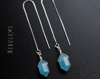 Aquamarine Earrings, March Birthstone, Handmade Crystal Earrings, Silver Threader Earrings, Pull Through Earrings, Long Chain Earrings