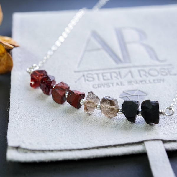 Root Chakra Necklace • 7 Chakra Jewelry • Black Obsidian, Smoky Quartz, Red Jasper, Garnet Necklace • Raw Crystal Necklace • Anxiety Jewelry