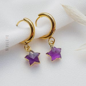 Amethyst Hoop Earrings, February Birthstone, Star Earrings, Gold Hoop Earrings, Crystal Earrings, Huggie Hoop Earrings, Amethyst Jewelry