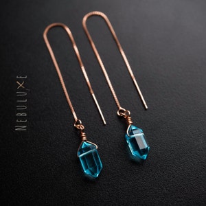 Blue Topaz Threader Earrings, December Birthstone, Rose Gold Hoop Earrings, Threader Earrings, Pull Through Earrings, Long Chain Earrings