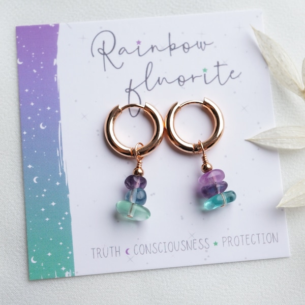 Fluorite Earrings, Hoop Earrings With Charm, Huggie Earrings, Raw Crystal Earrings, Boho Earrings, Rainbow Fluorite Jewelry