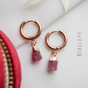 Pink Tourmaline Earrings, October Birthstone, Raw Crystal Earrings, Gold Hoop Earrings, Tourmaline Jewelry, Birthstone Huggie Hoop Earrings