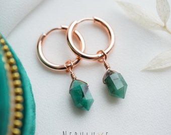 Emerald Hoop Earrings, Crystal Hoop Earrings, May Birthstone, Emerald Jewelry, Handmade Earrings, Unique Earrings, Gold Huggie Hoop Earrings