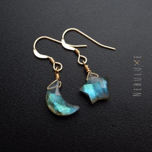Labradorite Dangle Earrings, Cresent Moon Earrings, Star Earrings, Celestial Earrings, Crystal Earrings, Labradorite Jewellery