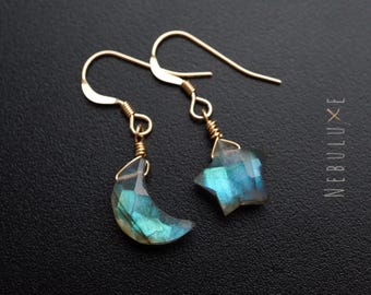 Labradorite Dangle Earrings, Cresent Moon Earrings, Star Earrings, Celestial Earrings, Crystal Earrings, Labradorite Jewellery